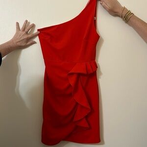 one shoulder red ruffle mini dress